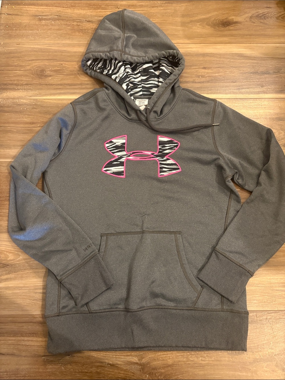 Under Armour Dark Gray Hoodie with Pink-Trim Zebra Logo